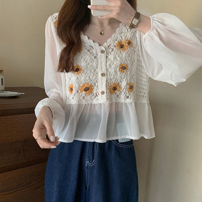 Flower Embroidery Puff Sleeve Blouse Top