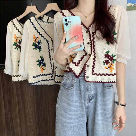 Flower Embroidery Crochet Cardigan/Top