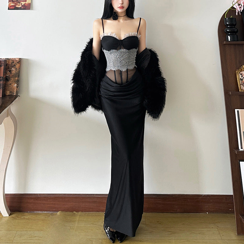 Lace Mesh Long Corset Dress - Fashionnsio