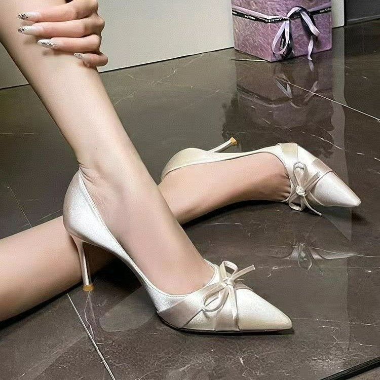 Satin Bow Pointed Heels - Fashionnsio