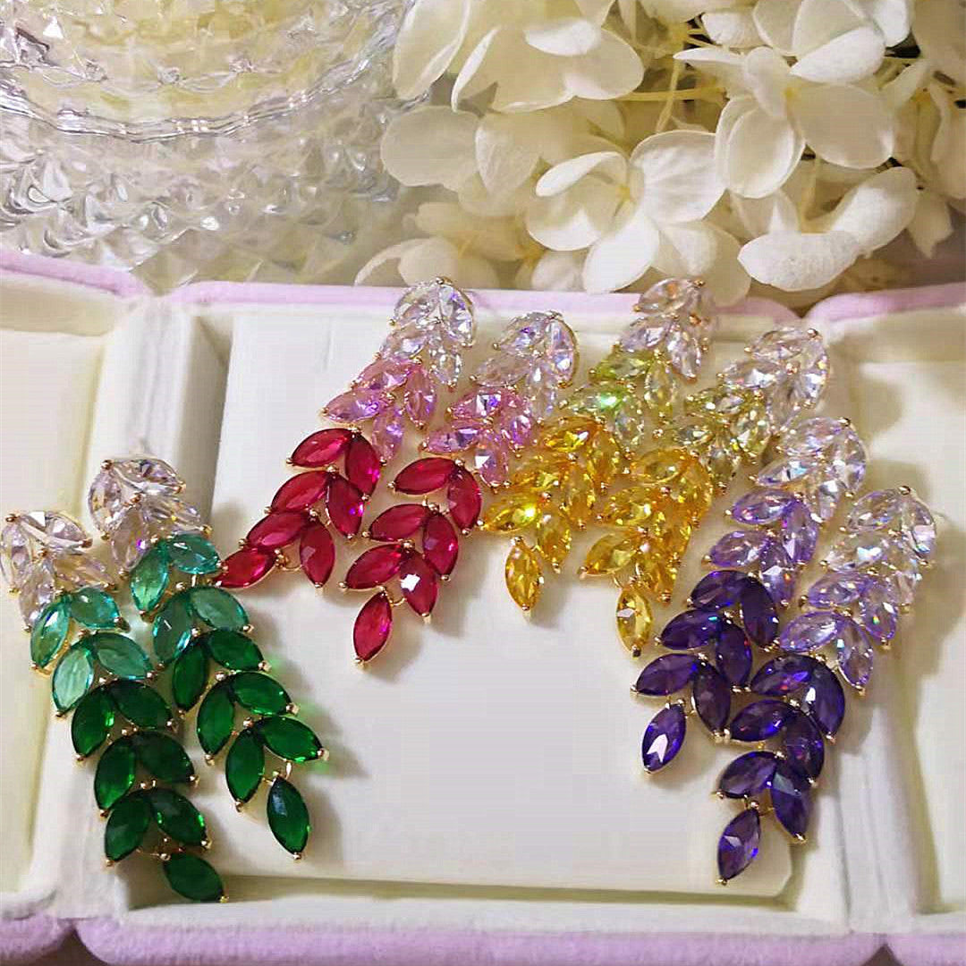 Gradient Diamond Leaves Long Earrings fashionnsio