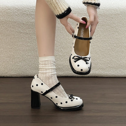 Polka Dot Bow Block Heels - Fashionnsio