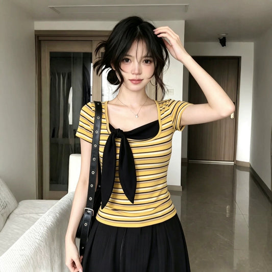 Y2K Striped Bow Top - Fashionnsio