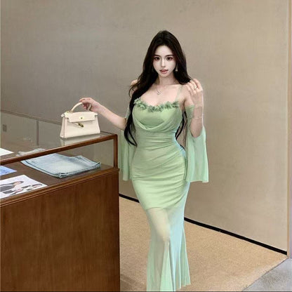 Floral Mesh Long Bodycon Dress - Fashionnsio