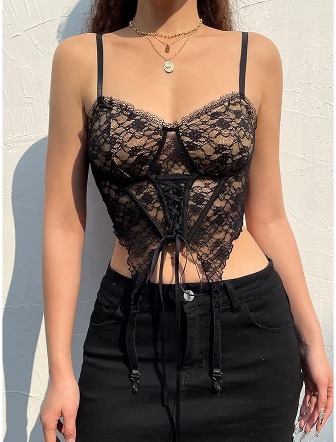 Bow Lace Up Mesh Corset Top