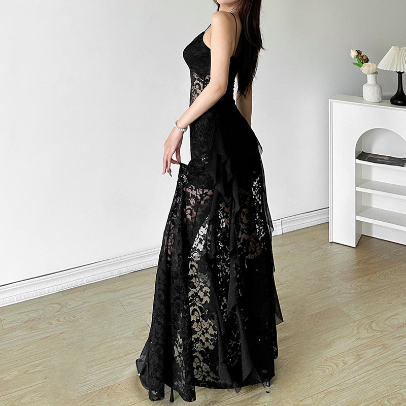 Lace Slit Long Black Dress - Fashionnsio