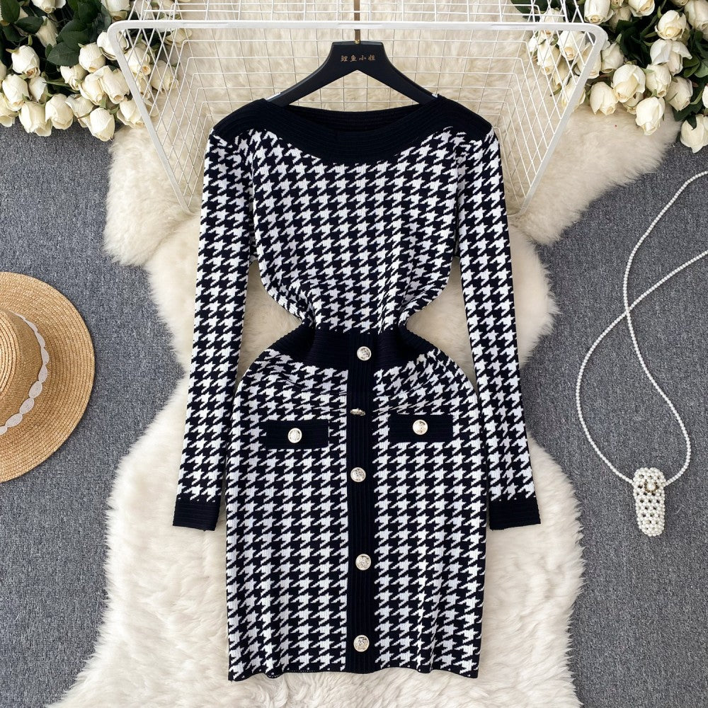 Korean Plaid Bodycon Knitted Dress