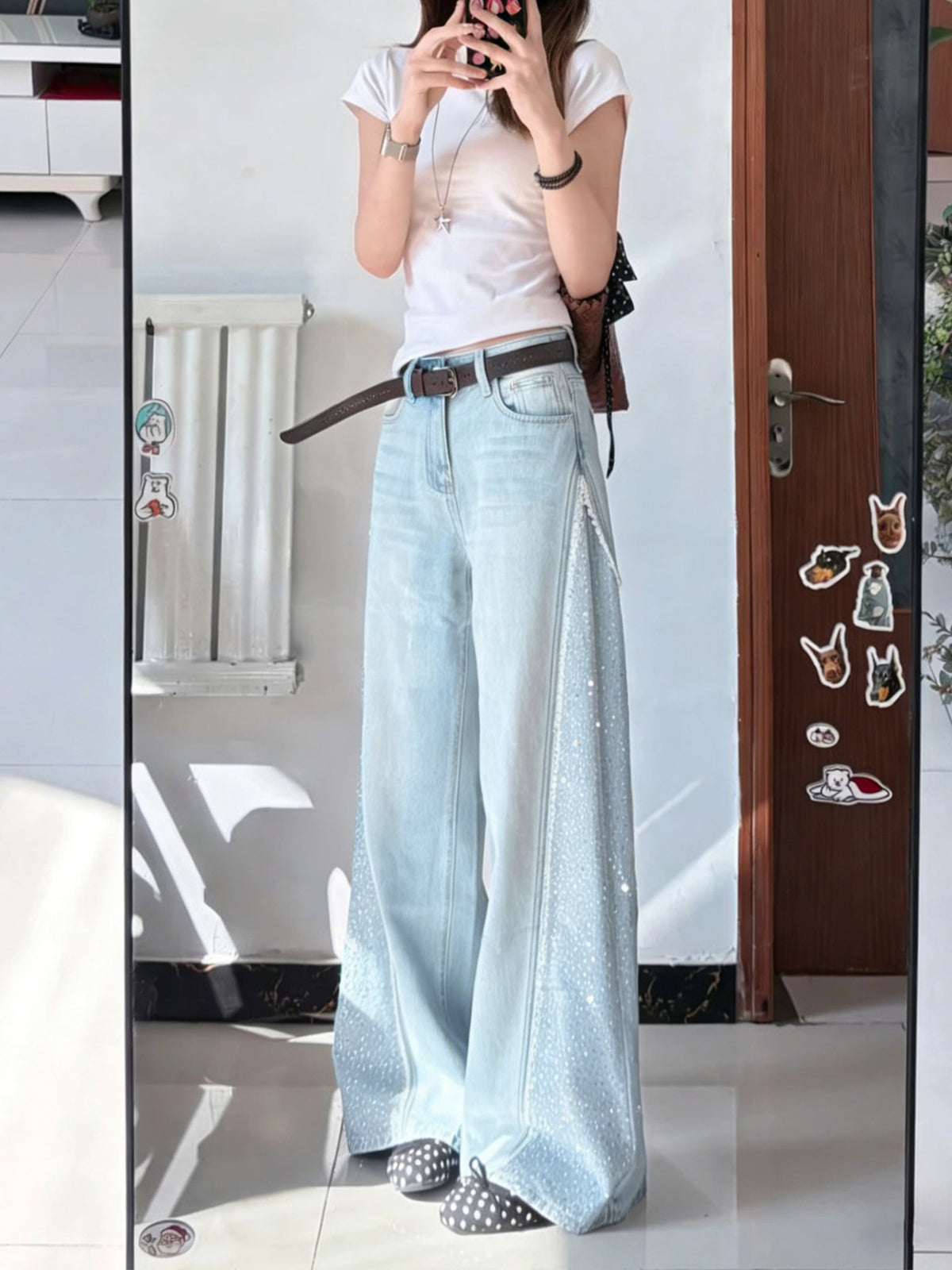 Wide Leg Sparkling Rhinestone Jeans - Fashionnsio