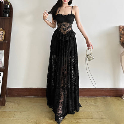 Mesh Lace Ruffle Maxi Dress - Fashionnsio