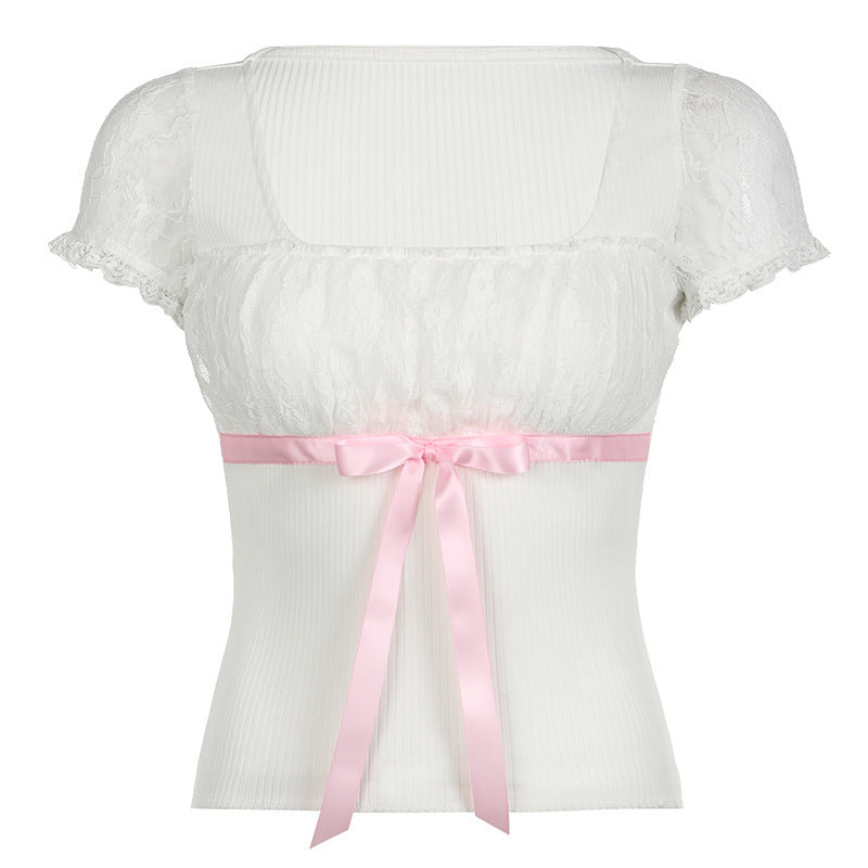 Ribbon Bow Lace Patchwork Top