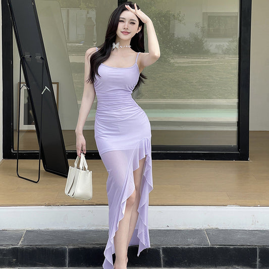 Mesh Ruffles Slit Bodycon Dress