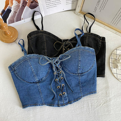 Denim Bow Drawstring Corset Top