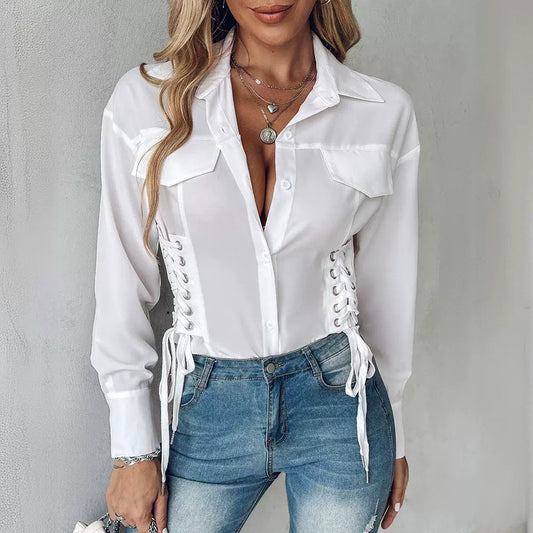 Side Lace Up Strap Shirt Top fashionnsio