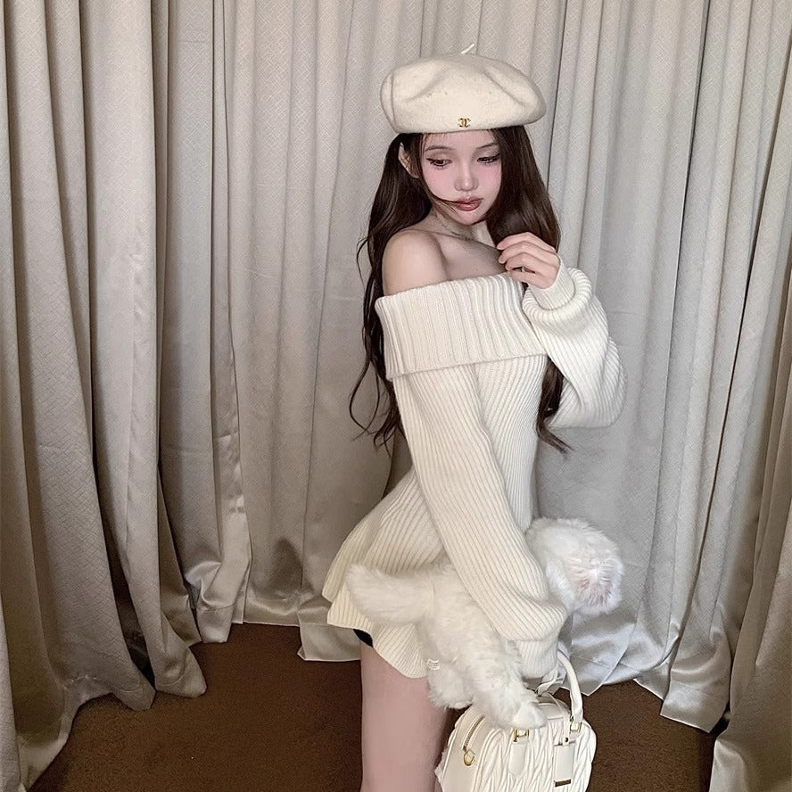 Knit Sweater Off Shoulder Dress - Fashionnsio