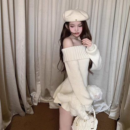 Knit Sweater Off Shoulder Dress - Fashionnsio