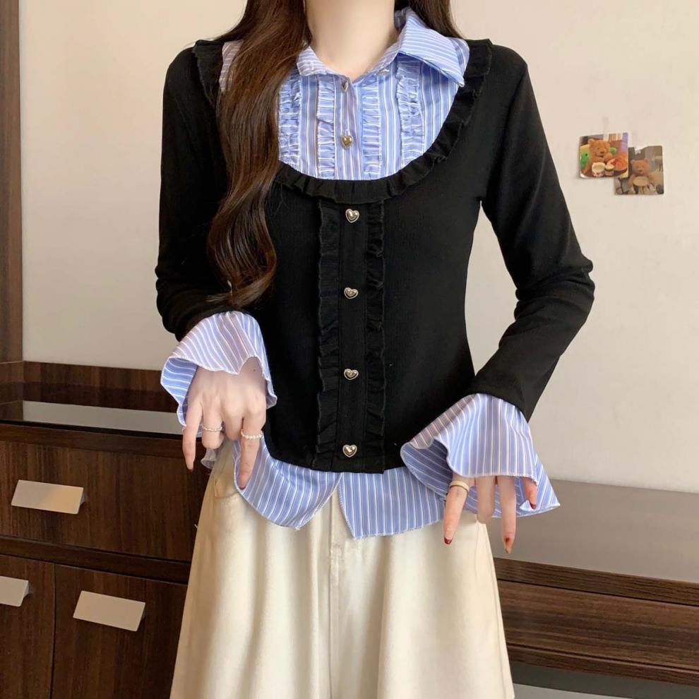 Y2K Collar Striped Korean Top - Fashionnsio