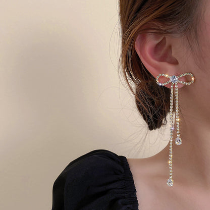 Rhinestone Crystal Bowknot Long Earrings fashionnsio