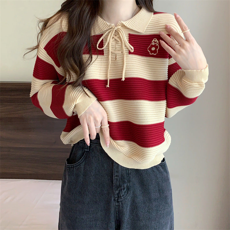 Striped Knitted Lace-up Sweater Top