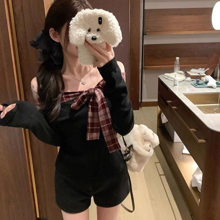 Off Shoulder Plaid Bow Top