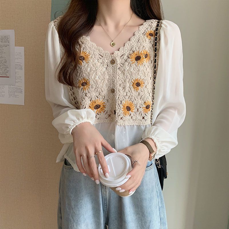 Flower Embroidery Puff Sleeve Blouse Top