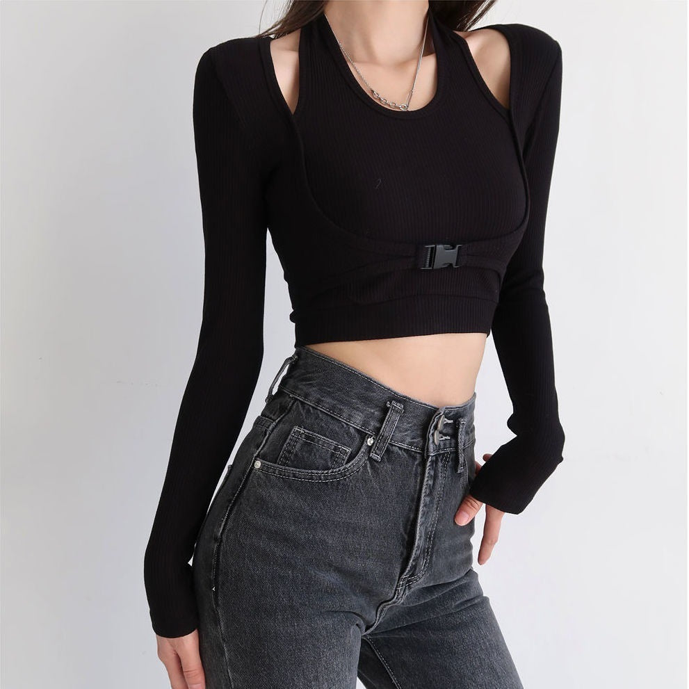 Fake 2 Piece Buckle Long Sleeve Top