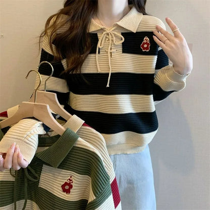 Striped Knitted Lace-up Sweater Top