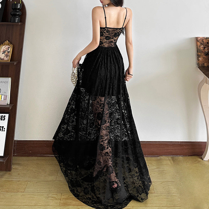 Mesh Lace Ruffle Maxi Dress - Fashionnsio