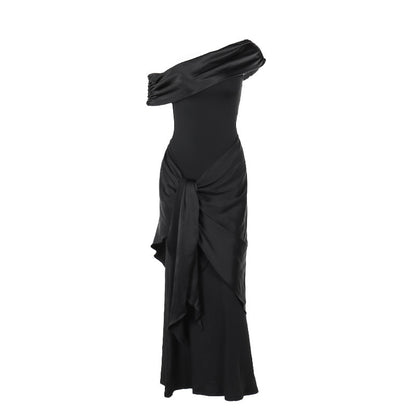 Off Shoulder Ribbon Fold Long Dress