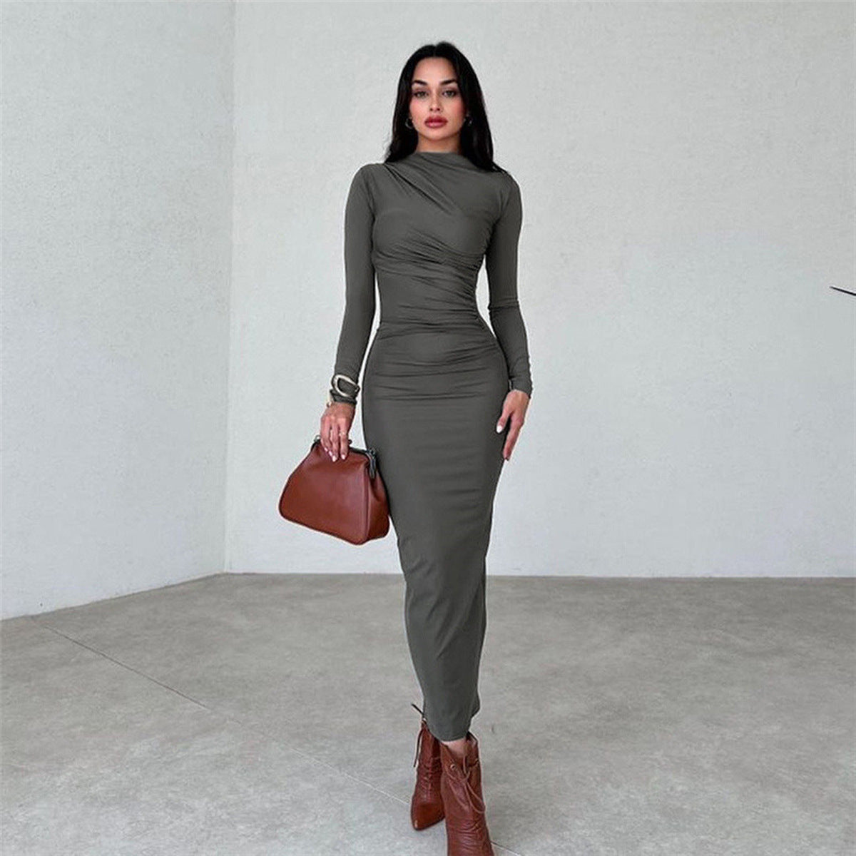 Slim Fit Bodycon Long Pleated Dress