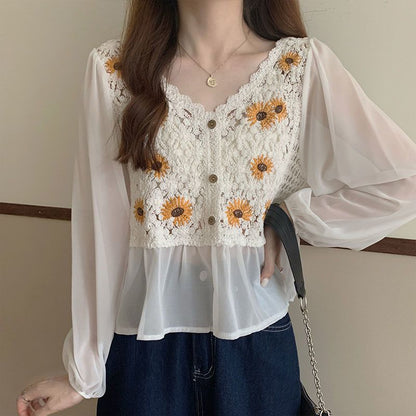 Flower Embroidery Puff Sleeve Blouse Top