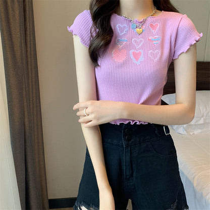 Heart Ruffle Knitted T-shirt Top