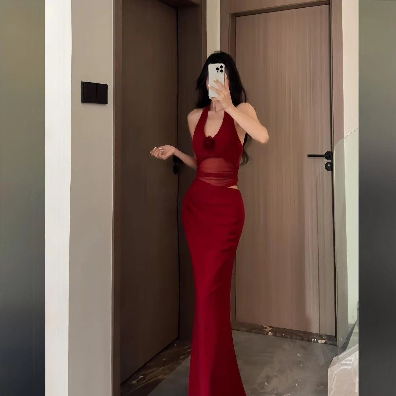 Mesh Splicing Halter Long Dress - Fashionnsio