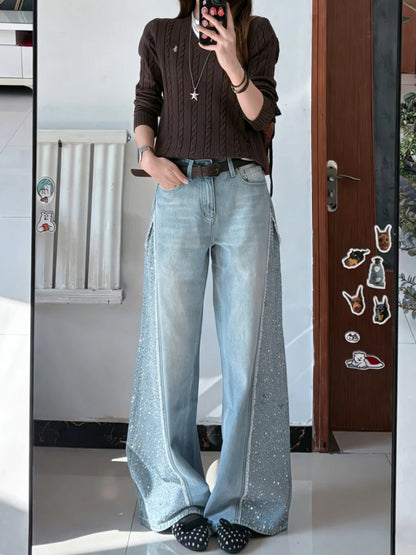 Wide Leg Sparkling Rhinestone Jeans - Fashionnsio