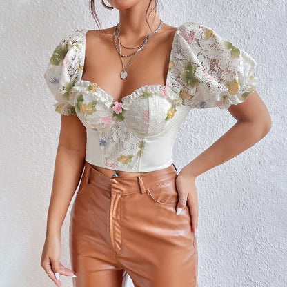 Floral Lace Puff Sleeve Corset Top