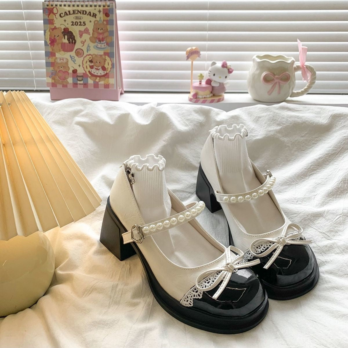 Pearl Strap Bow Chunky Heels - Fashionnsio