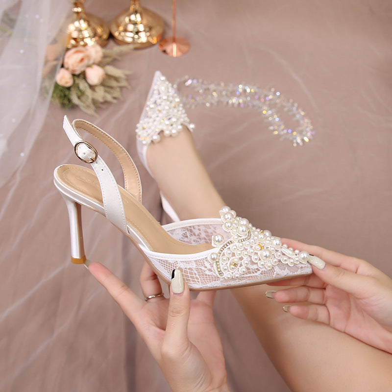 Pearl Crystal Lace White heel