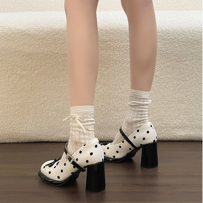 Polka Dot Bow Block Heels - Fashionnsio