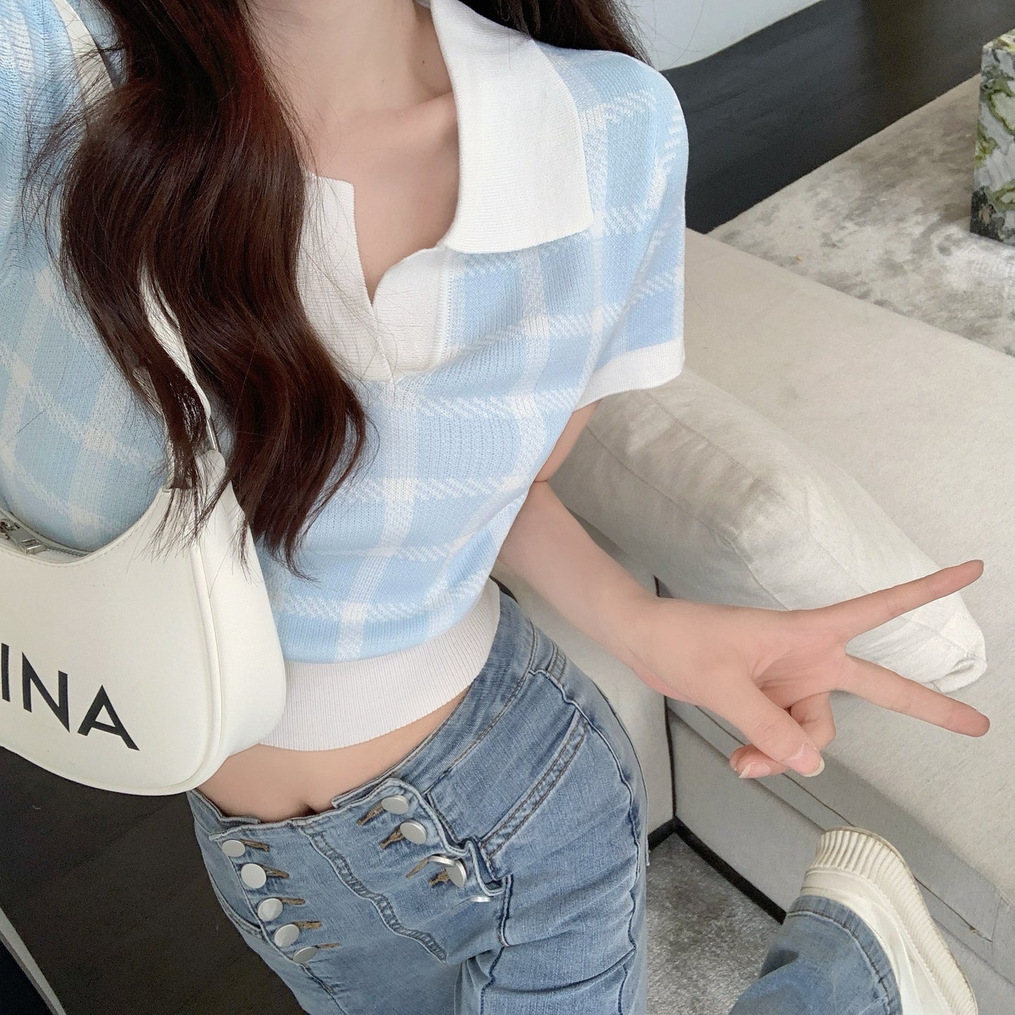 Korean Knitted Plaid Top