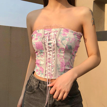 Strapless Floral Lace Up Top