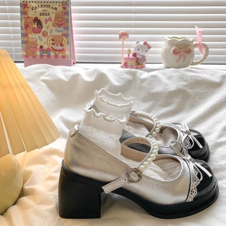 Pearl Strap Bow Chunky Heels - Fashionnsio