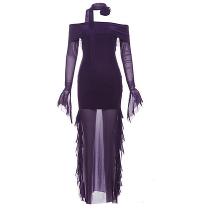 Off Shoulder Mesh Ruffle Dress - Fashionnsio
