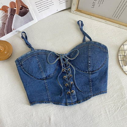 Denim Bow Drawstring Corset Top