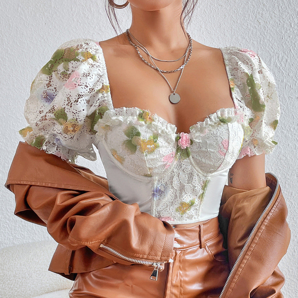 Floral Lace Puff Sleeve Corset Top