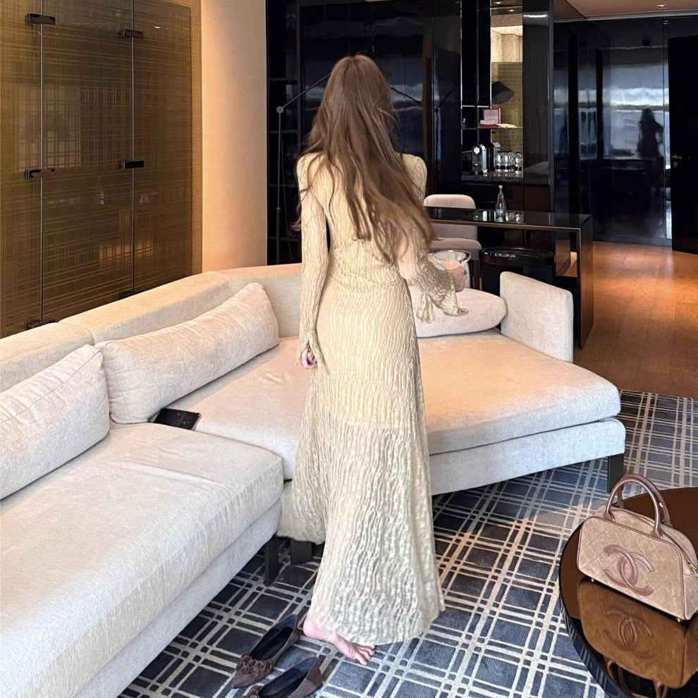 Mesh Long Sleeve Maxi Dress - Fashionnsio