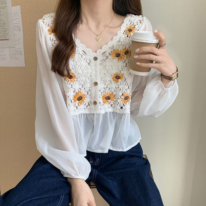 Flower Embroidery Puff Sleeve Blouse Top