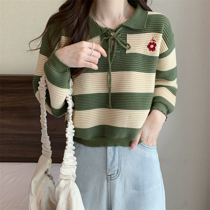 Striped Knitted Lace-up Sweater Top