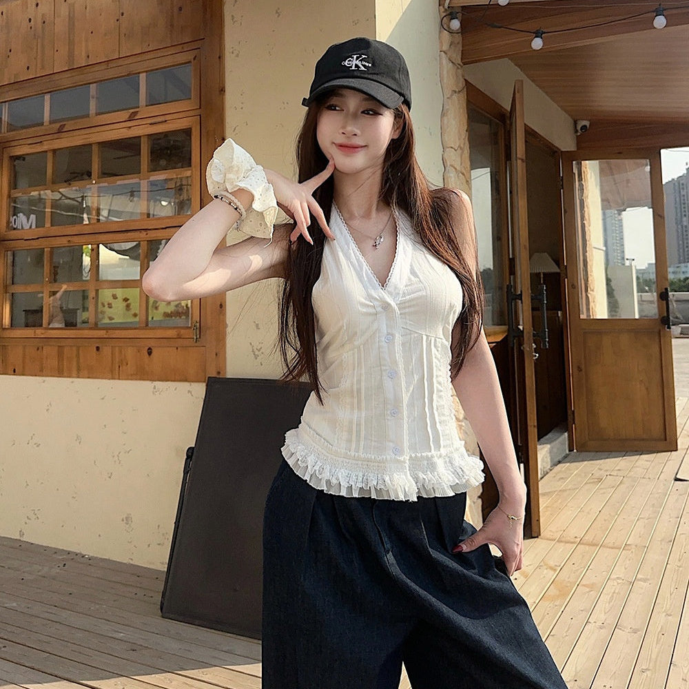 Lace Halter Neck Vest Top - Fashionnsio