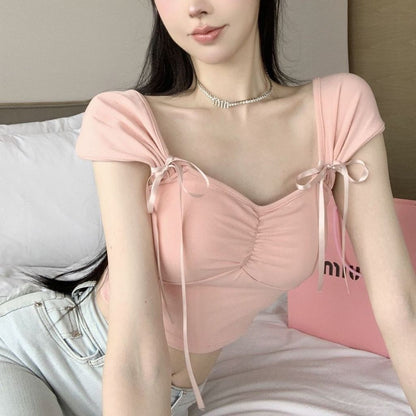 Pleated Bow Strap Crop Top