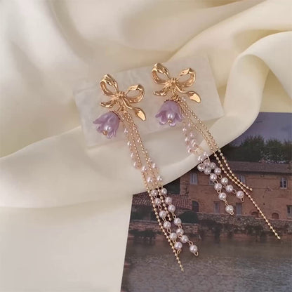 Bow Purple Tulip Pearl Earrings fashionnsio