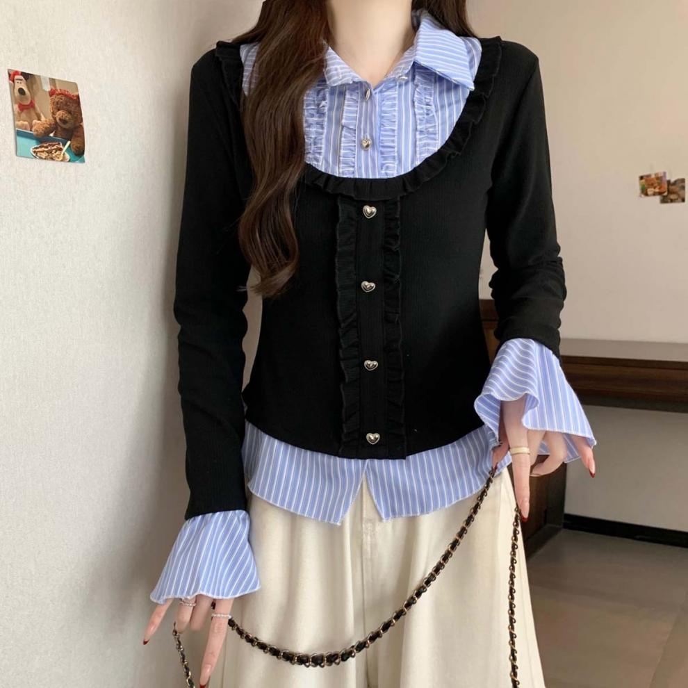Y2K Collar Striped Korean Top - Fashionnsio
